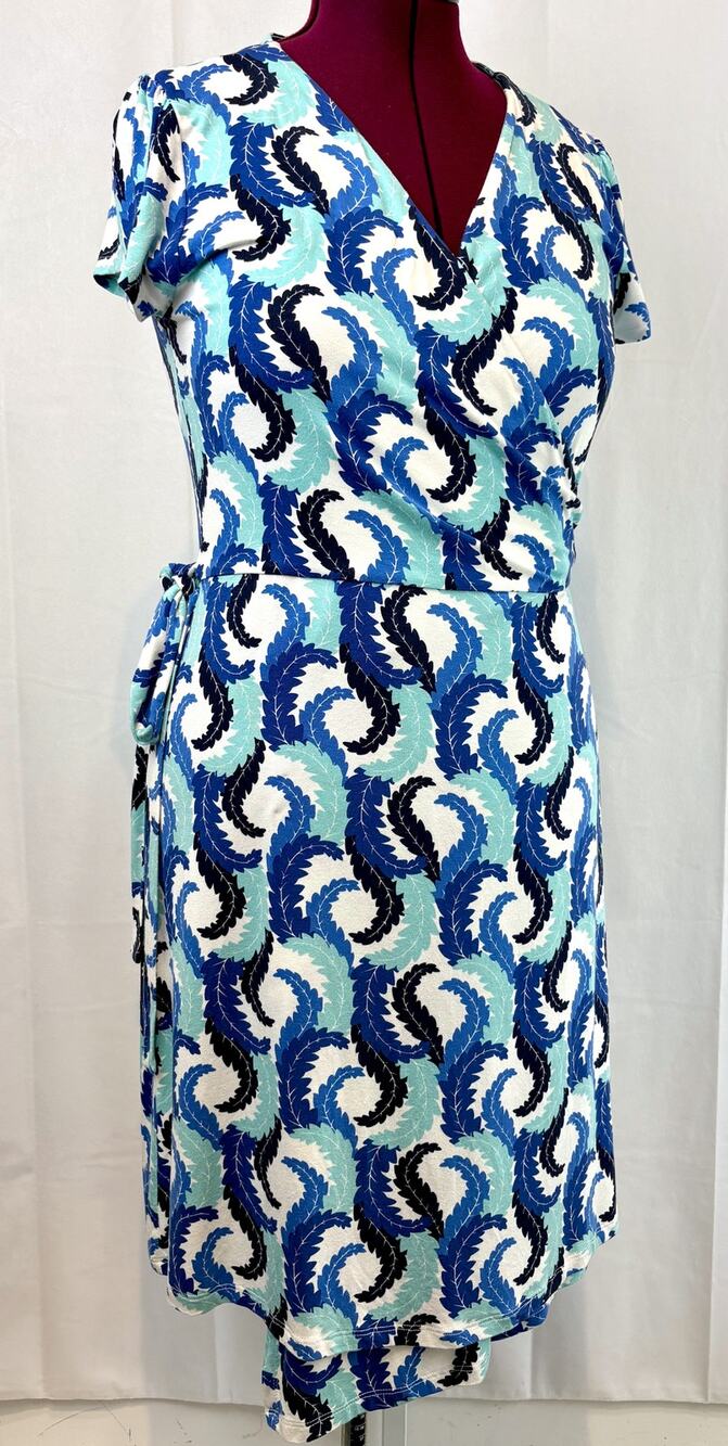 BODEN Leaf Printed Wrap Dress Short Sleeve Jersey Knit Blue Petite UK 14P US 10P